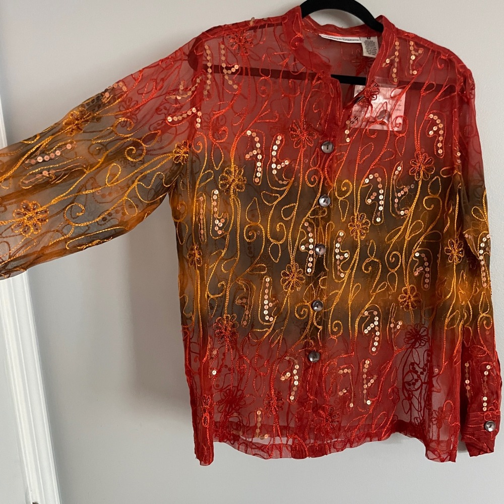 Draper's & Damon's Silk Blouse Womens M Red Ombre Embroidered Sequin Boho Sheer - Picture 8 of 12